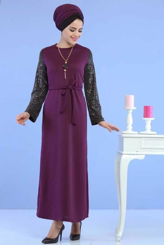 Kollu Pullu Elbise Siyah Mor - 6745 MOR