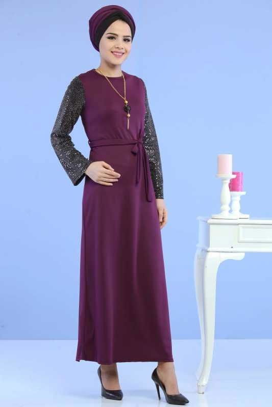Kollu Pullu Elbise Siyah Mor - 6745 MOR