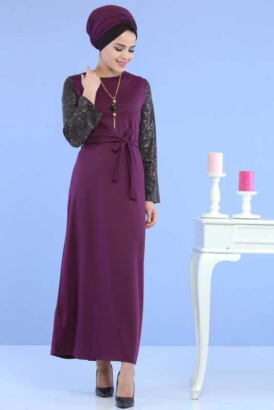 Kollu Pullu Elbise Siyah Mor - 6745 MOR