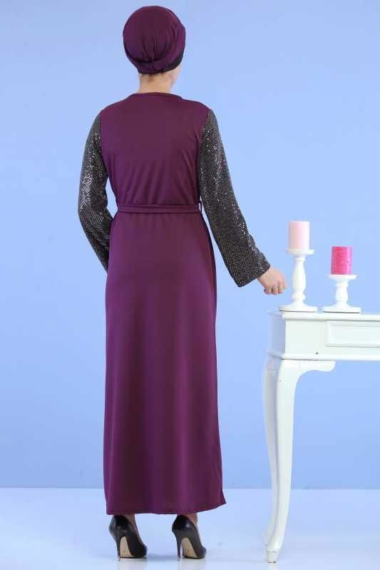 Kollu Pullu Elbise Siyah Mor - 6745 MOR