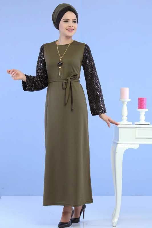 Kollu Pullu Elbise Siyah Haki - 6745