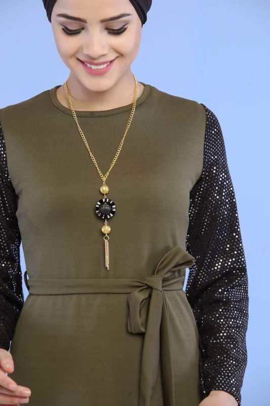 Kollu Pullu Elbise Siyah Haki - 6745