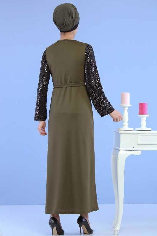 Kollu Pullu Elbise Siyah Haki - 6745
