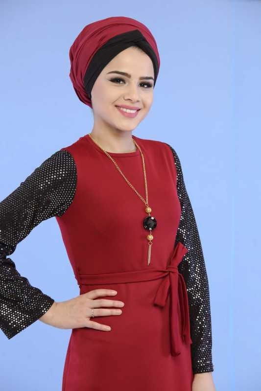 Kollu Pullu Elbise Siyah Bordo - 6745