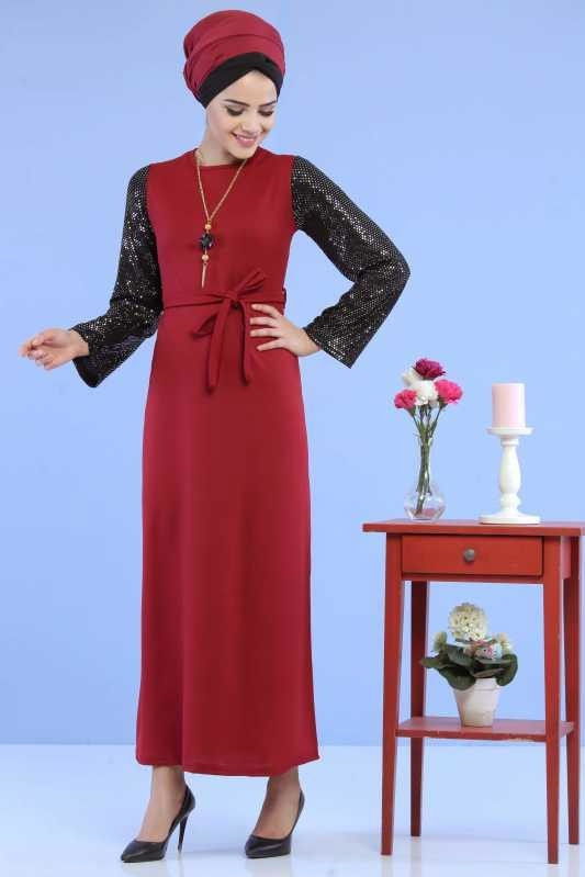 Kollu Pullu Elbise Siyah Bordo - 6745