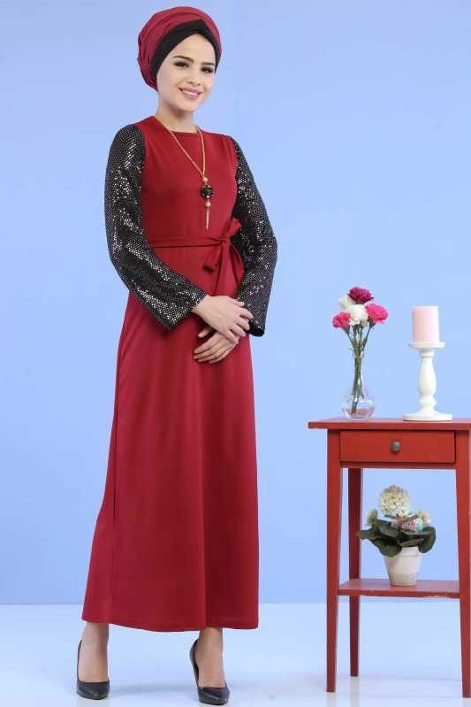 Kollu Pullu Elbise Siyah Bordo - 6745