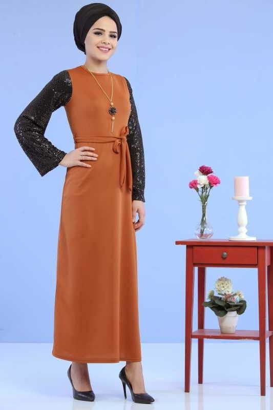 Kollu Pullu Elbise Siyah Taba - 6745 TABA
