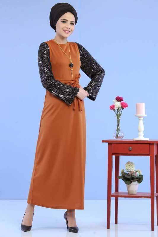Kollu Pullu Elbise Siyah Taba - 6745 TABA
