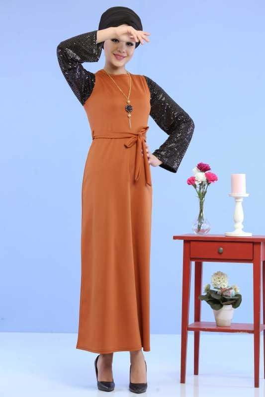 Kollu Pullu Elbise Siyah Taba - 6745 TABA