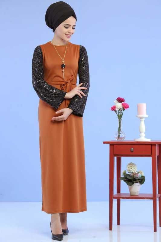 Kollu Pullu Elbise Siyah Taba - 6745 TABA