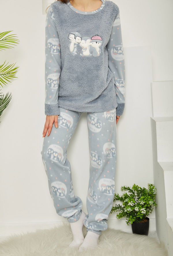 Nakışlı Peluş Polar Pijama Takım Bebe Mavi - 26783
