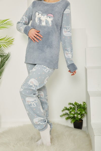 Nakışlı Peluş Polar Pijama Takım Bebe Mavi - 26783