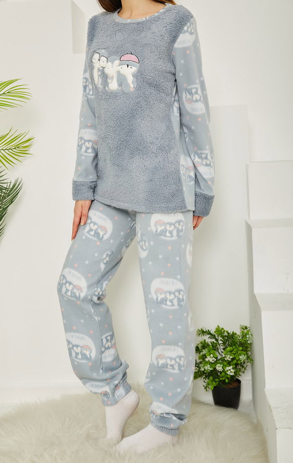 Nakışlı Peluş Polar Pijama Takım Bebe Mavi - 26783