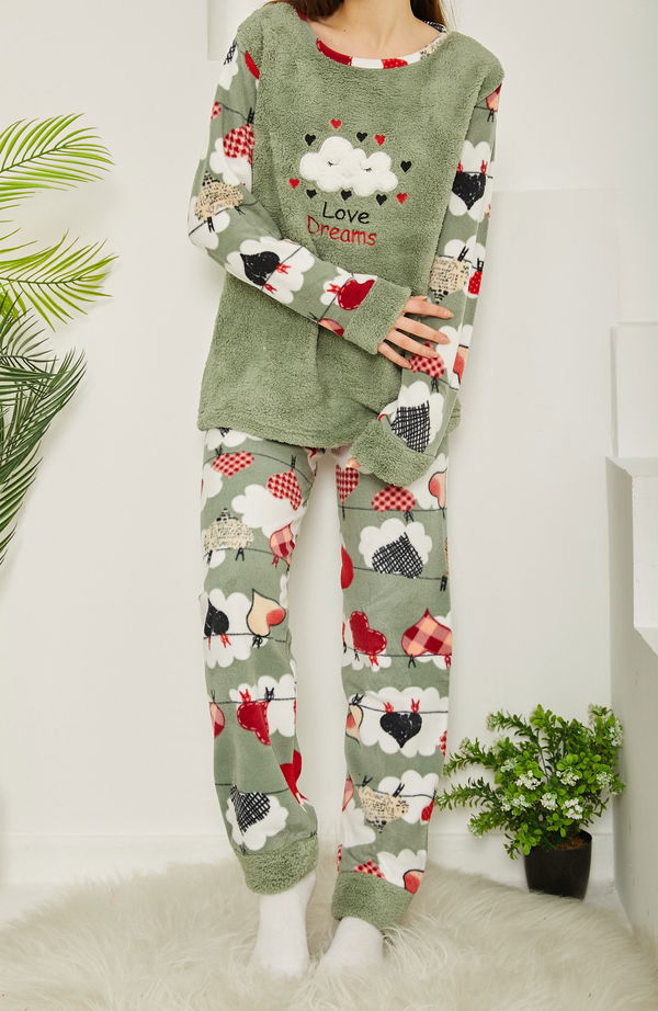 Nakışlı Peluş Polar Pijama Takım Mint - 26785