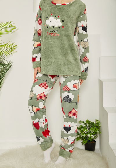 Nakışlı Peluş Polar Pijama Takım Mint - 26785