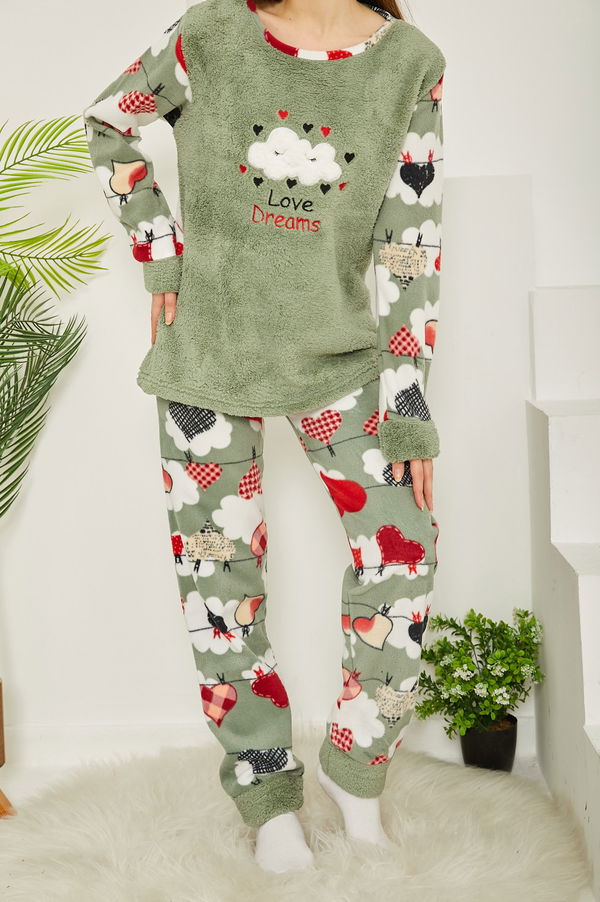Nakışlı Peluş Polar Pijama Takım Mint - 26785