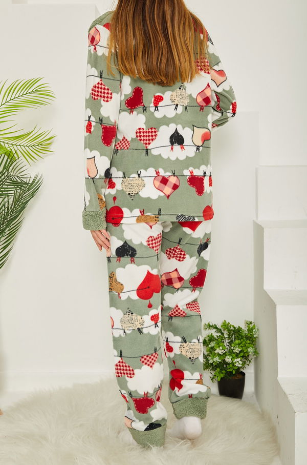 Nakışlı Peluş Polar Pijama Takım Mint - 26785