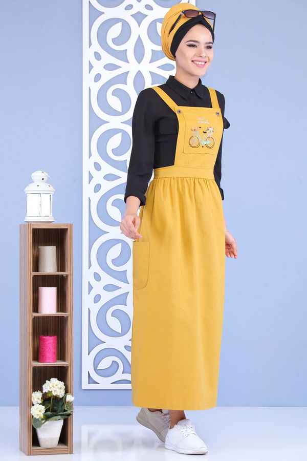 Bisiklet Baskılı Salopet Hardal - 02 7155 Sarı - 7155