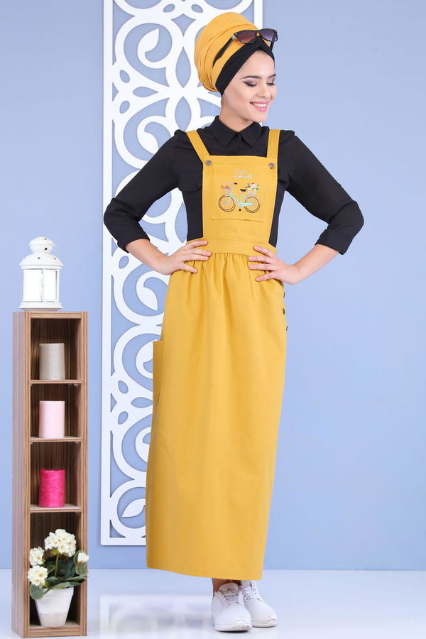 Bisiklet Baskılı Salopet Hardal - 02 7155 Sarı - 7155