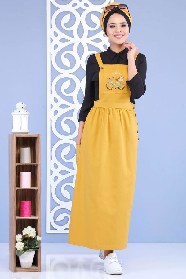 Bisiklet Baskılı Salopet Hardal - 02 7155 Sarı - 7155