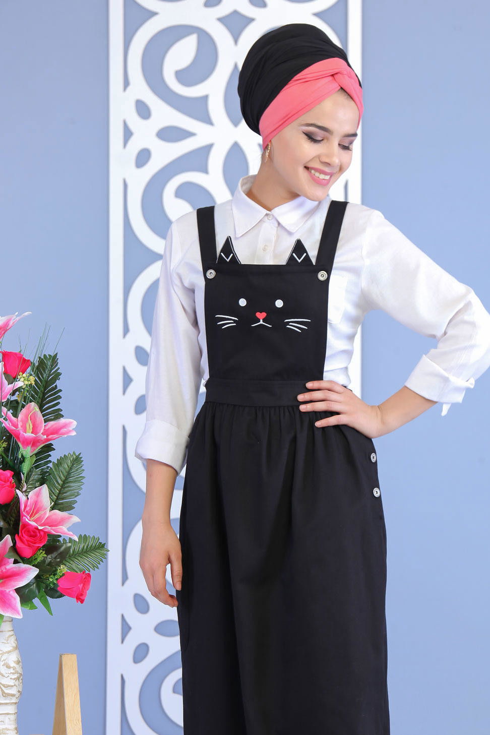 Kedi Baskılı Salopet Siyah - 02 7169 Siyah - 7169