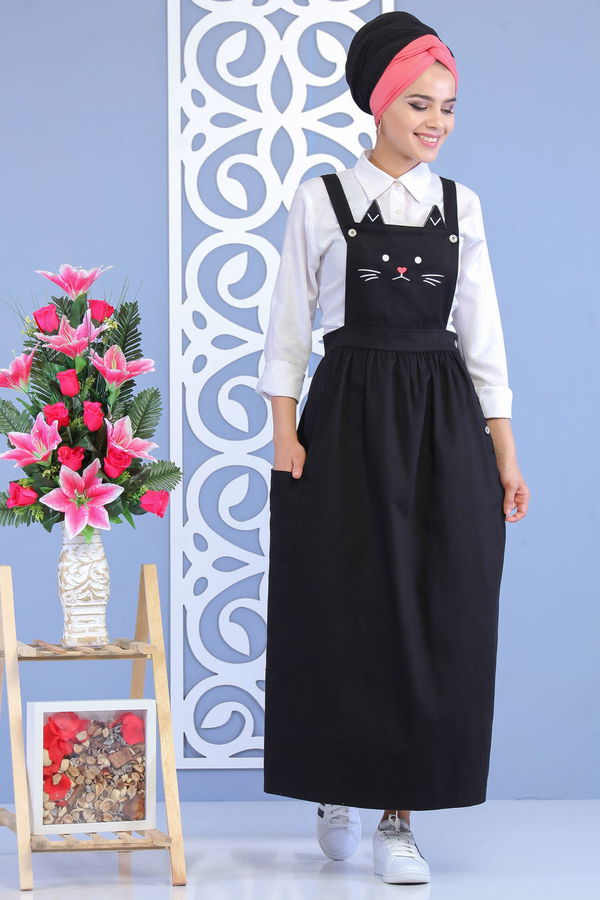 Kedi Baskılı Salopet Siyah - 02 7169 Siyah - 7169