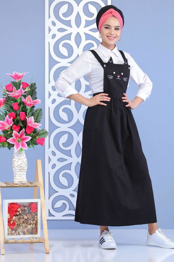 Kedi Baskılı Salopet Siyah - 02 7169 Siyah - 7169