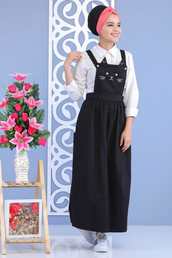 Kedi Baskılı Salopet Siyah - 02 7169 Siyah - 7169