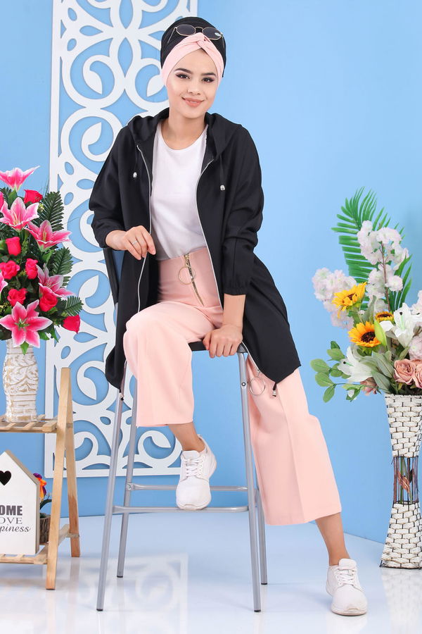 Fermuarlı Bol Paça Pantolon Siyah Pembe - 6922