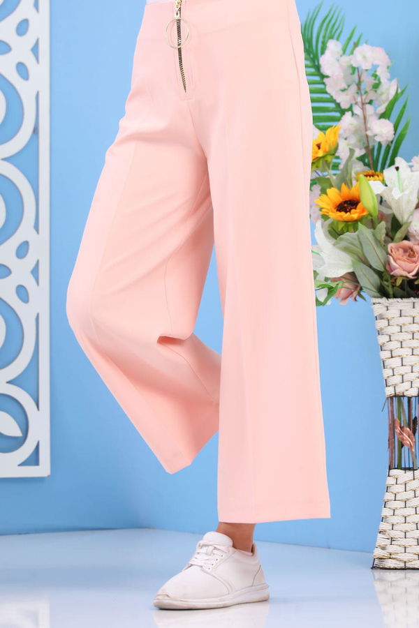Fermuarlı Bol Paça Pantolon Siyah Pembe - 6922