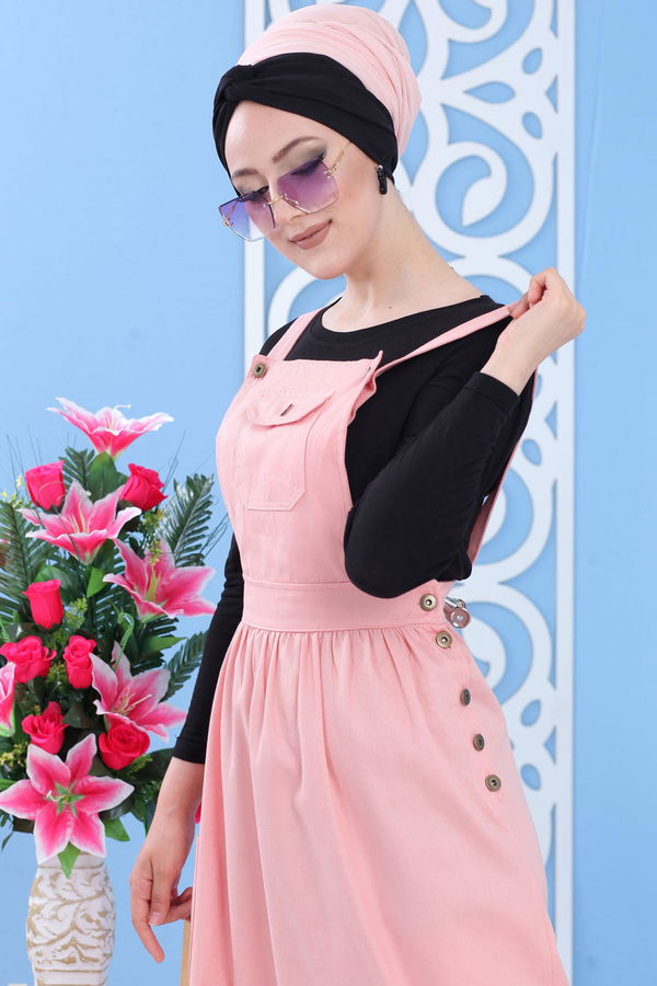 Cep Detay Salopet Elbise Pudra - 02 7066 Pembe - 7066