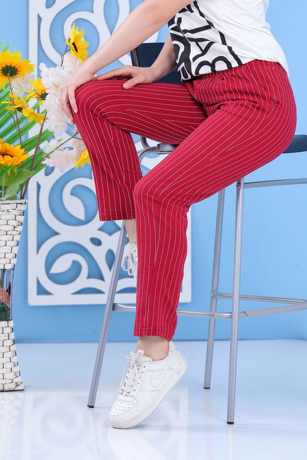Çizgili Pantolon Siyah Bordo - 6819