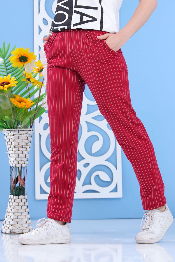 Çizgili Pantolon Siyah Bordo - 6819