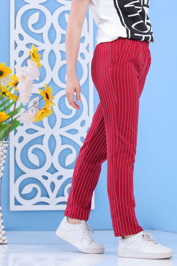 Çizgili Pantolon Siyah Bordo - 6819