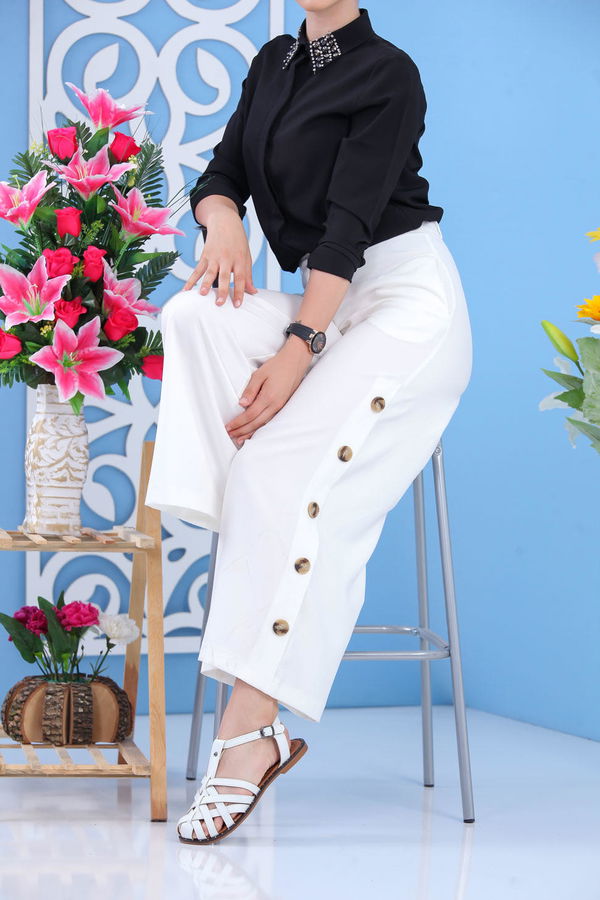 Dügme Detay Bol Paça Pantolon Beyaz - 02 7394 Beyaz - 7394