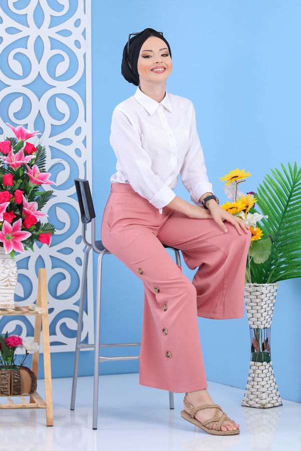 Dügme Detay Bol Paça Pantolon Pudra - 02 7394 Pembe - 7394
