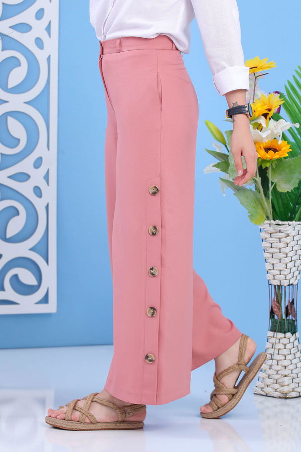 Dügme Detay Bol Paça Pantolon Pudra - 02 7394 Pembe - 7394