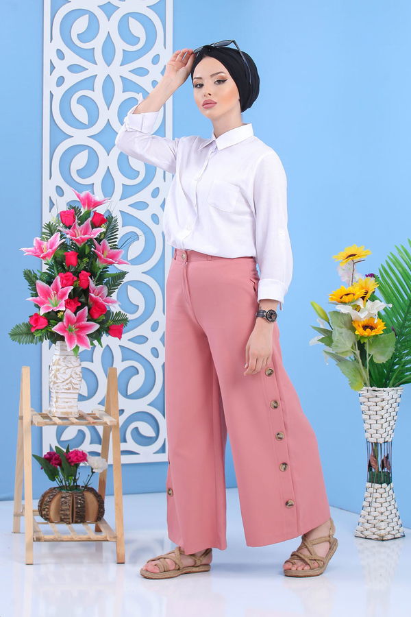 Dügme Detay Bol Paça Pantolon Pudra - 02 7394 Pembe - 7394