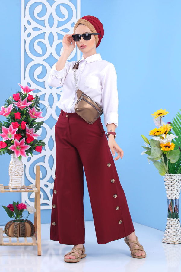 Dügme Detay Bol Paça Pantolon Bordo - 02 7394 Bordo - 7394 BORDO
