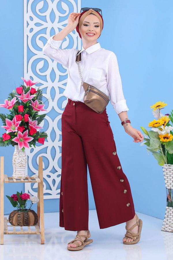 Dügme Detay Bol Paça Pantolon Bordo - 02 7394 Bordo - 7394 BORDO