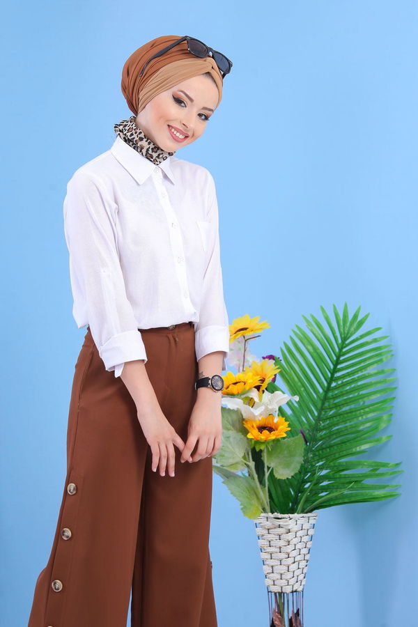 Dügme Detay Bol Paça Pantolon Taba - 02 7394 Taba - 7394