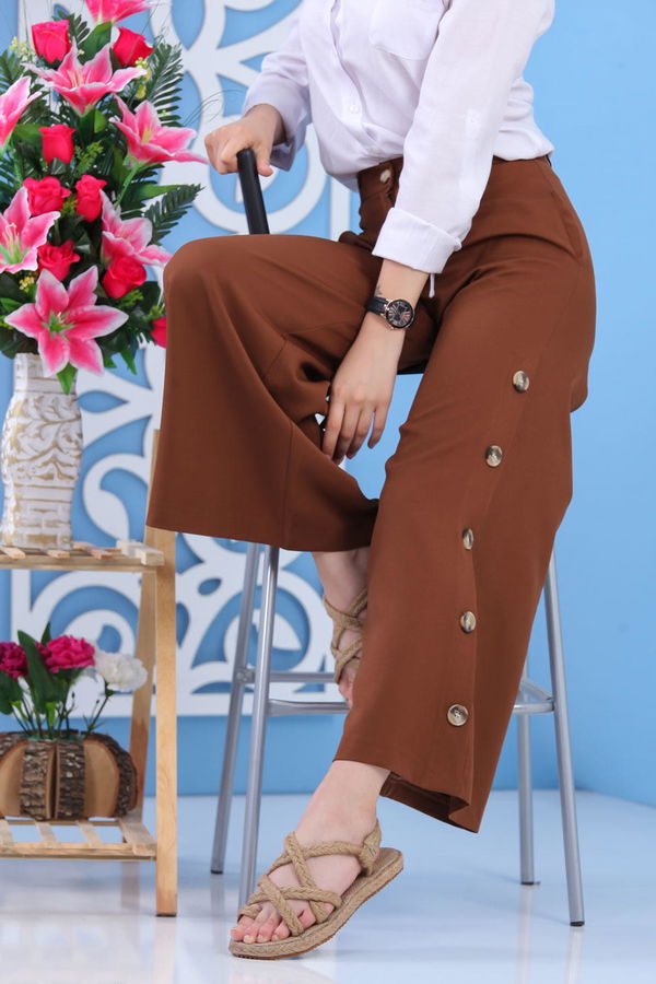 Dügme Detay Bol Paça Pantolon Taba - 02 7394 Taba - 7394