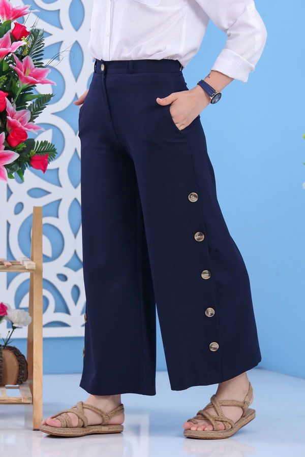 Dügme Detay Bol Paça Pantolon Lacivert - 02 7394 Lacivert - 7394 LACİVERT