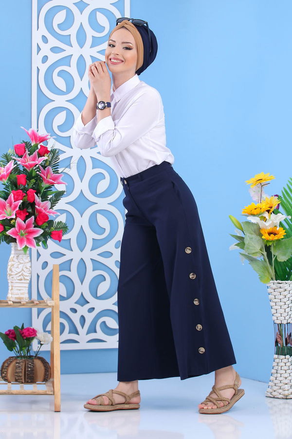 Dügme Detay Bol Paça Pantolon Lacivert - 02 7394 Lacivert - 7394 LACİVERT