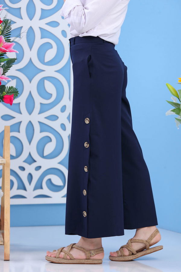 Dügme Detay Bol Paça Pantolon Lacivert - 02 7394 Lacivert - 7394 LACİVERT