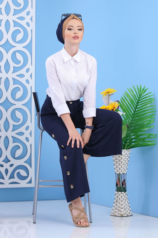 Dügme Detay Bol Paça Pantolon Lacivert - 02 7394 Lacivert - 7394 LACİVERT