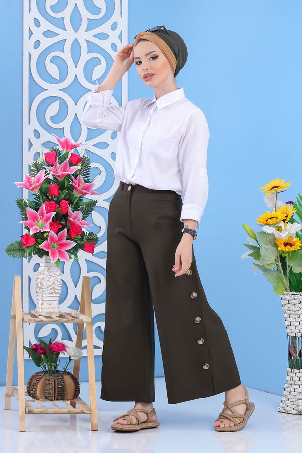 Dügme Detay Bol Paça Pantolon Haki - 02 7394 Haki - 7394 HAKİ
