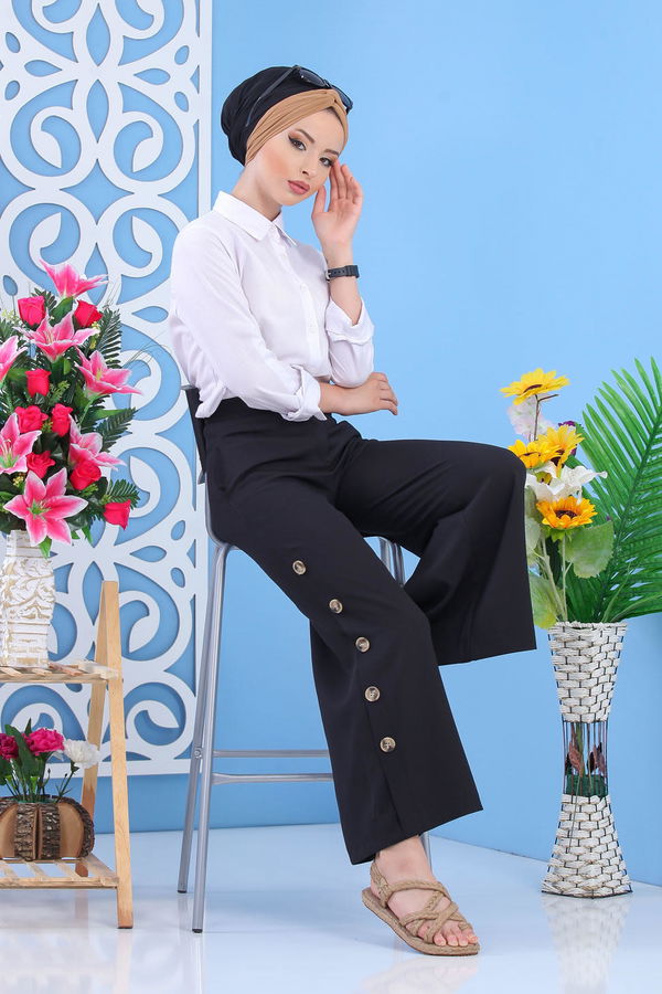 Dügme Detay Bol Paça Pantolon Siyah - 02 7394 Siyah - 7394