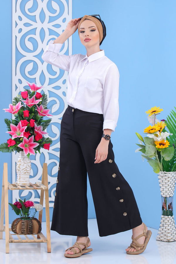 Dügme Detay Bol Paça Pantolon Siyah - 02 7394 Siyah - 7394