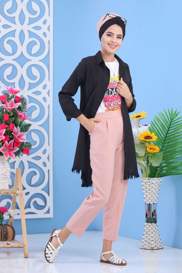 Beli Lastikli Pantolon Pudra - 02 7407 Pembe - 7407 PEMBE